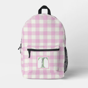 Mochila Impresa Elegante gingham de monograma rosa blanco letra T