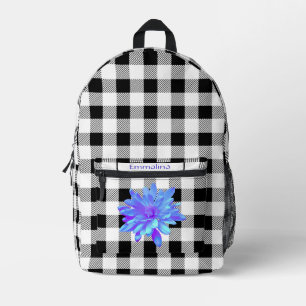 Mochila Impresa Elegante gingham negro blanco boho floral púrpura