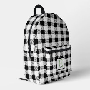 Mochila Impresa Elegante gingham negro y blanco letra E botánico