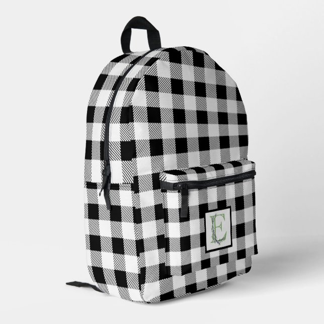 Mochila Impresa Elegante gingham negro y blanco letra E botánico (Esquina izquierda trasera)