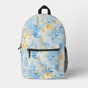 Mochila Impresa Elegante hoja azul y dorada de inspiración paisley