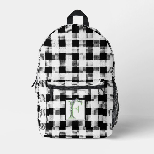 Mochila Impresa Elegante letra blanca de gingham F botánica (Anverso)