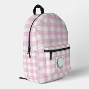 Mochila Impresa Elegante letra C de gingham blanca rosa monocasco