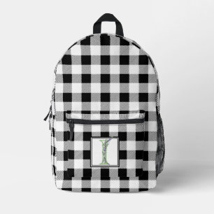 Mochila Impresa Elegante letra de gingham blanca negra botánica I