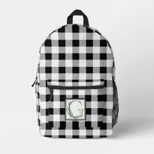 Mochila Impresa Elegante letra de gingham blanco negro G botánica