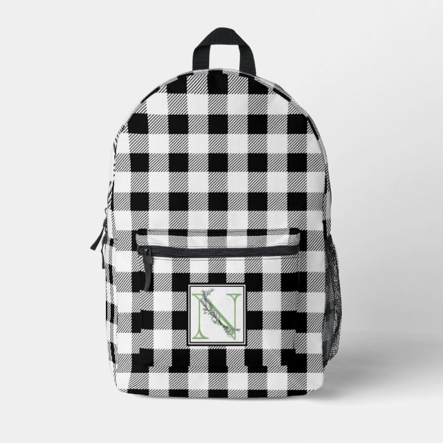 Mochila Impresa Elegante letra de gingham en blanco negro N (Anverso)