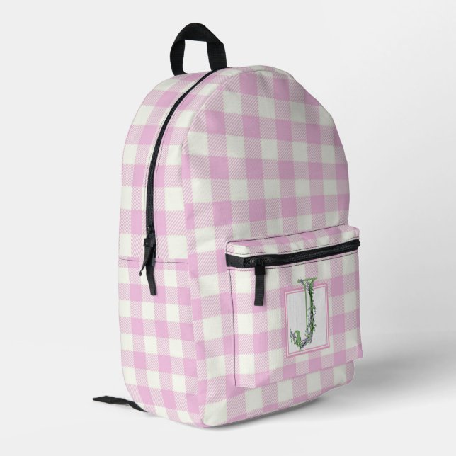 Mochila Impresa Elegante letra en blanco de gingham mongograma J (Esquina izquierda trasera)