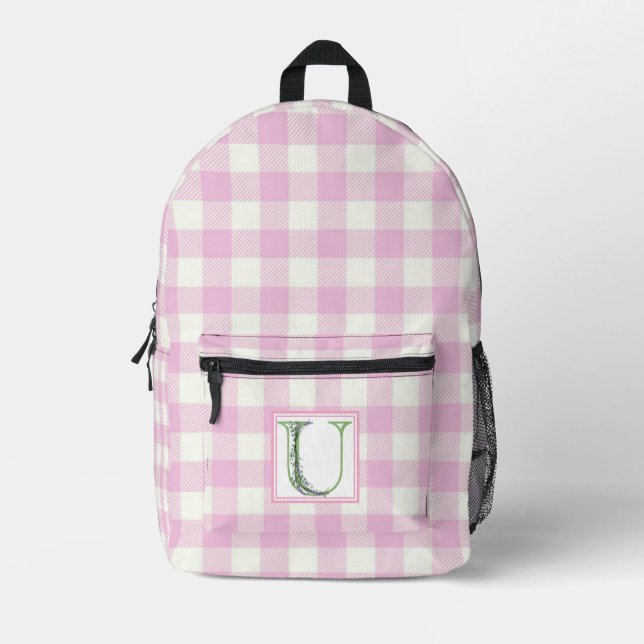 Mochila Impresa Elegante letra en blanco de gingham mongograma U (Anverso)