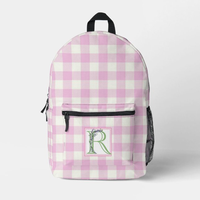 Mochila Impresa Elegante letra en blanco de gingham monograma R (Anverso)
