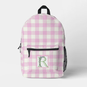 Mochila Impresa Elegante letra R de monograma de gingham rosa y bl