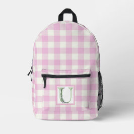 Mochila Impresa Elegante letra U de monograma de gingham rosa y bl