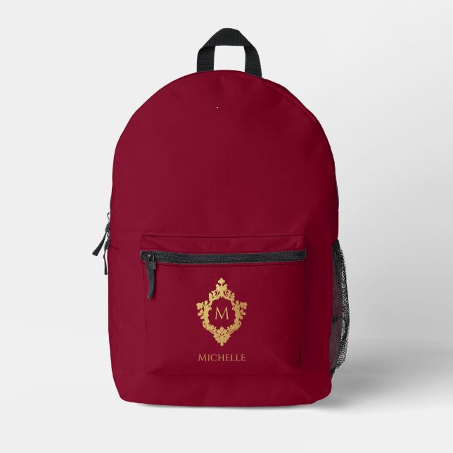 Mochila Impresa Elegante Monograma Burgundy Faux Gold Escudo y nom (Anverso)