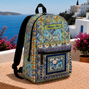Mochila Impresa Elegante monograma de baldosa floral azul de chino