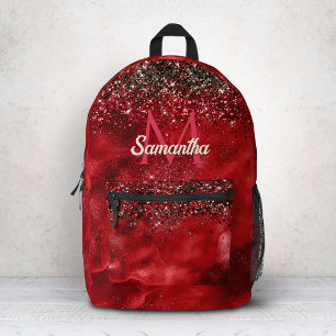 Mochila Impresa Elegante monograma de brillo rojo negro dorado