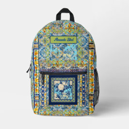 Mochila Impresa Elegante monograma de cerámica azul de azulejo