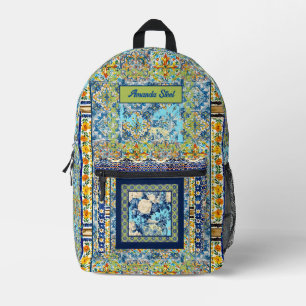 Mochila Impresa Elegante monograma de cerámica azul de azulejo