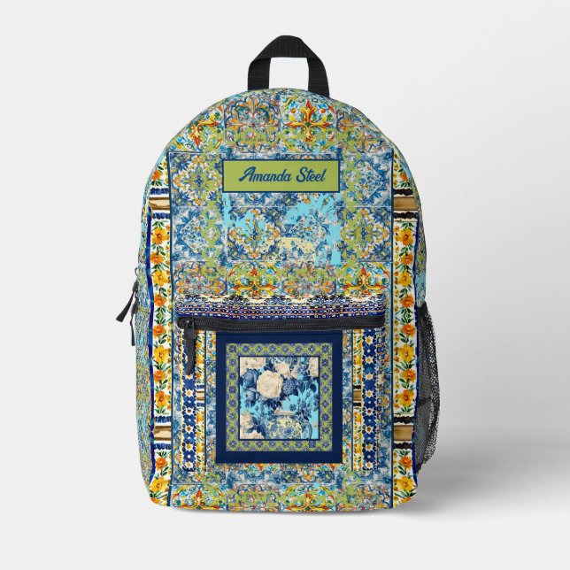 Mochila Impresa Elegante monograma de cerámica azul de azulejo (Anverso)