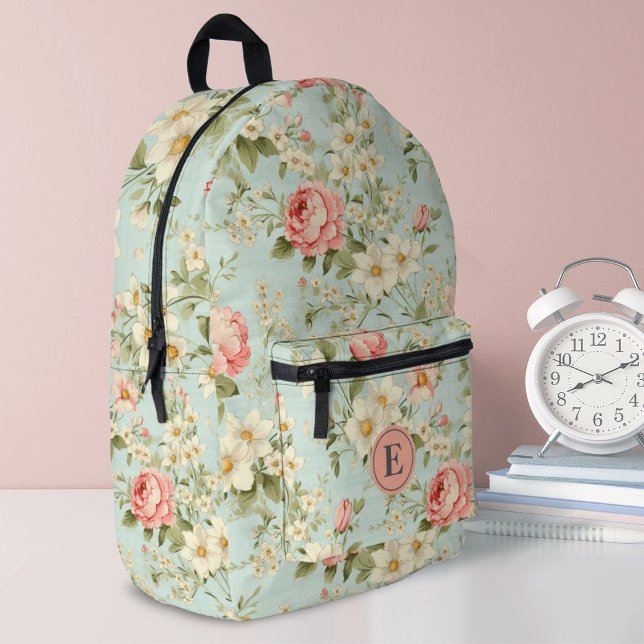 Mochila Impresa Elegante Monograma de Chicas Botánicos Florales (A pretty floral girls school backpack. Personalize it with your monogram initial.)