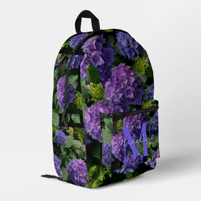 Mochila Impresa Elegante monograma floral azul púrpura verde (Esquina izquierda trasera)