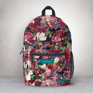 Mochila Impresa Elegante Monograma Floral Rosa Patrón Rojo