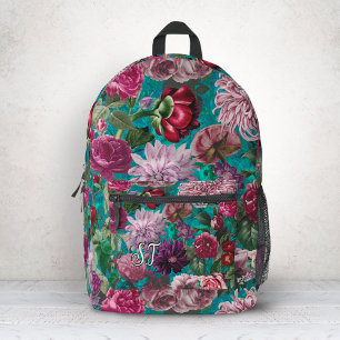 Mochila Impresa Elegante Monograma Floral Vintage Azul Acuático