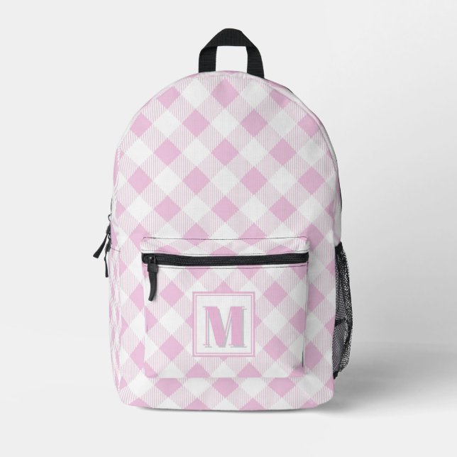 Mochila Impresa Elegante monograma personalizable de gingham rosa  (Anverso)