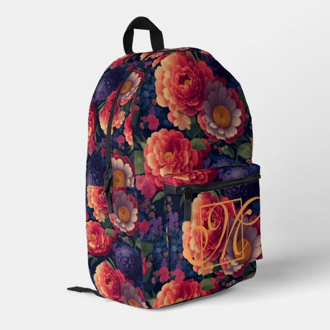 Mochila Impresa Elegante monograma romántico floral naranja rojo (Esquina izquierda trasera)