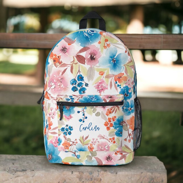 Mochila Impresa Elegante nombre de acuarela floral azul boho rosa (Elegant boho blue pink floral watercolor name printed backpack)
