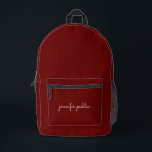 Mochila Impresa Elegante Nombre de guión moderno Color oscuro rojo<br><div class="desc">Personalizado De Moda Elegante Moderno Plantilla Cuta Cargar Imagen Fotográfica O Logotipo Comercial Añadir Nombre De Guión Caligráfico O Texto Accesorios De Color Sólido Rojo Oscuro / Bolsas & Carteras / Mochila.</div>