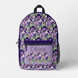 Mochila Impresa Elegante Pañoso Púrpura Pansies Floral