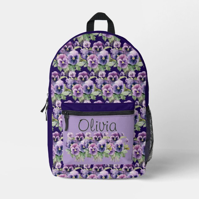 Mochila Impresa Elegante Pañoso Púrpura Pansies Floral (Anverso)