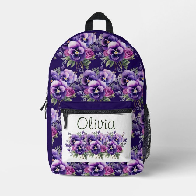Mochila Impresa Elegante Pañoso Púrpura Pansies Floral (Anverso)