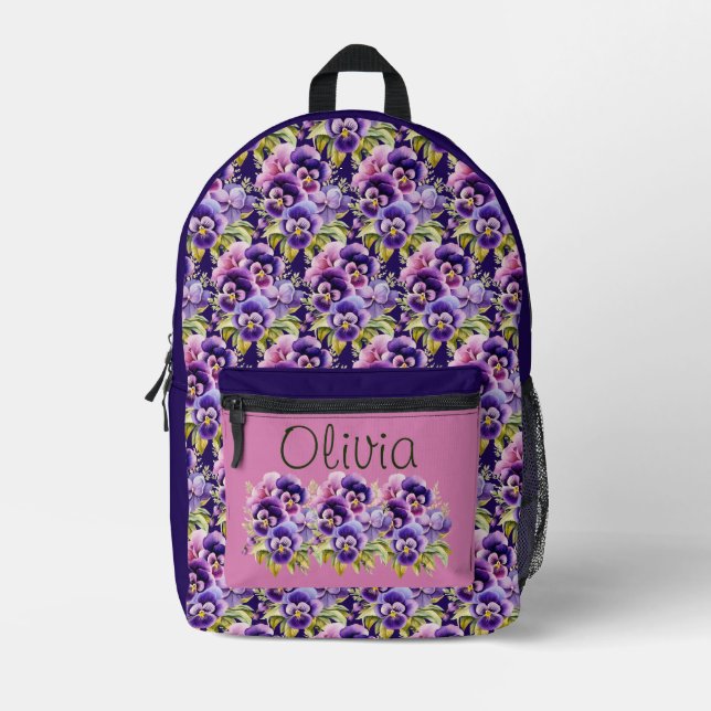 Mochila Impresa Elegante Pañoso Púrpura Pansies Floral (Anverso)