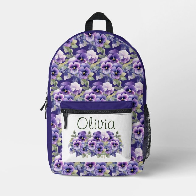 Mochila Impresa Elegante Pañoso Púrpura Pansies Floral (Anverso)