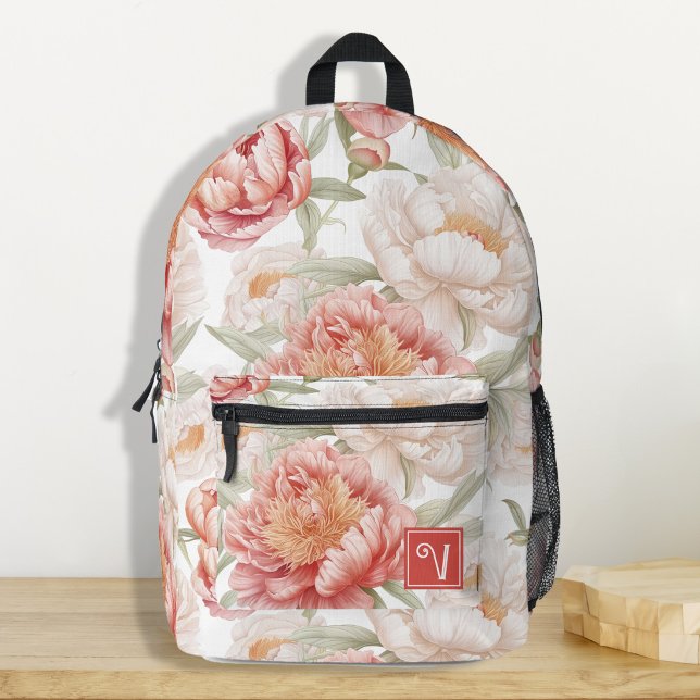 Mochila Impresa Elegante Personalizado Pastel Rosa de Camellia Bot (Elegant and chic botanical camellia pink pastel name custom backpacks for teen girl, back to school)