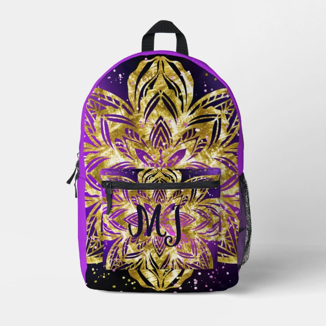 Mochila Impresa Elegante Shimmer Purple Gold Mandala Personaliza (Anverso)