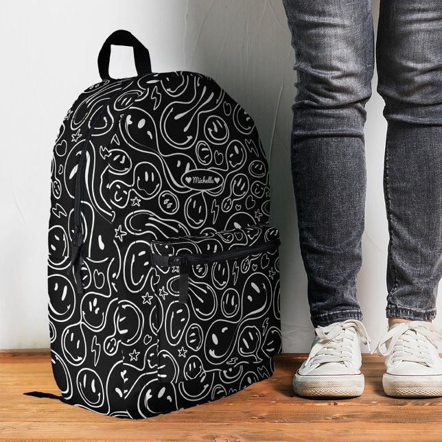 Mochila Impresa Elegante sonrisa Feliz Cara Sonriente Blanco Negro (Stylish Smile Smiling Face Pattern Black White Printed Backpack
)