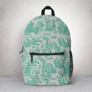 Mochila Impresa Elegante Verde Turquesa Vintage Toile de Jouy