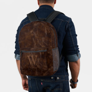 Mochila Impresa Elegante Vintage Cuero de Vaca Marrón Oscuro Monog