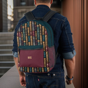 Mochila Impresa Elegantes libros antiguos en verde azulado oscuro 