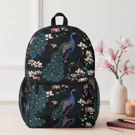 Mochila Impresa Elegantes pavos reales Verde azulados y flores de 