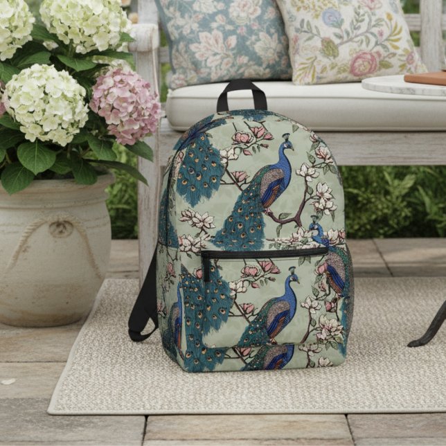 Mochila Impresa Elegantes pavos reales Verde azulados y flores de  (Chic Blue & Teal Peacock in Magnolia Tree with Flowers on Sage Green. Elegant Floral Pattern for Her)