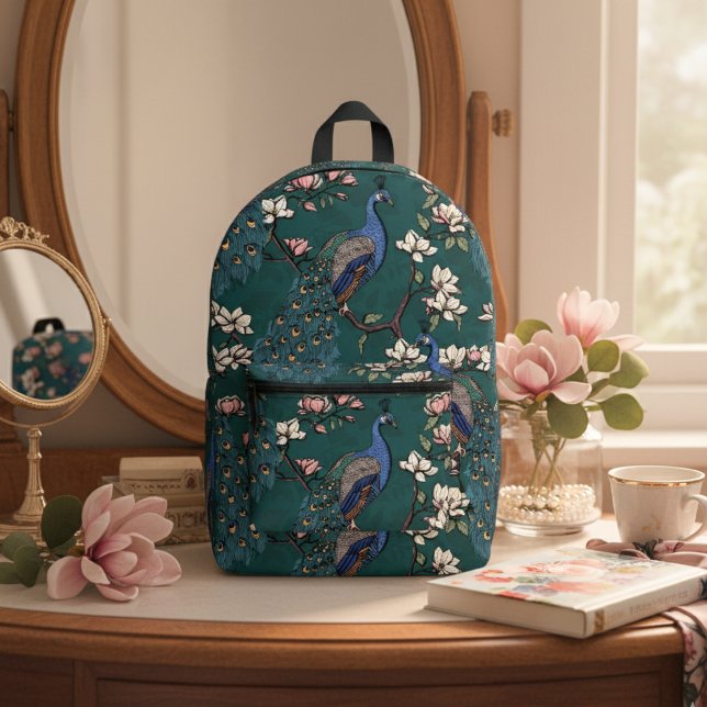 Mochila Impresa Elegantes pavos reales Verde azulados y flores de  (Chic Blue & Teal Peacock in Magnolia Tree with Flowers on Dark Teal. Elegant Floral Pattern for Her)
