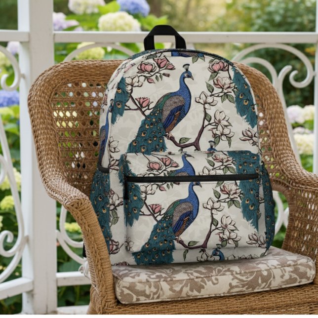 Mochila Impresa Elegantes pavos reales Verde azulados y flores de  (Chic Blue & Teal Peacock in Magnolia Tree with Flowers on Ivory. Elegant Floral Pattern for Her)