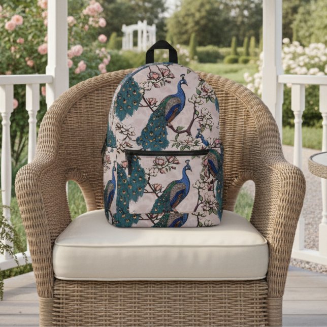 Mochila Impresa Elegantes pavos reales Verde azulados y flores de  (Chic Blue & Teal Peacock in Magnolia Tree with Flowers on Blush Pink. Elegant Floral Pattern for Her)