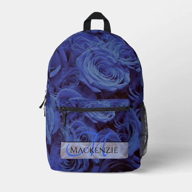 Mochila Impresa Elegantes rosas azul oscuro flores azules florales (Anverso)