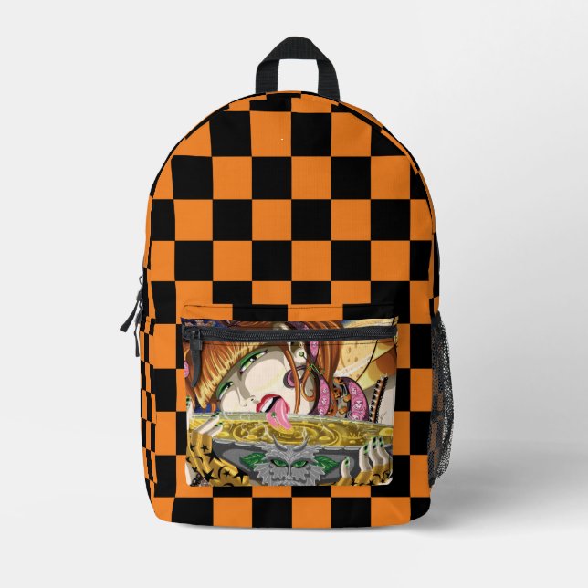 Mochila Impresa Elixir de Cassandra con Naranja 80s Checkers (Anverso)
