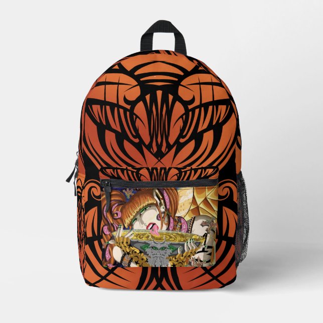 Mochila Impresa Elixir de Cassandra con tribal Naranja (Anverso)