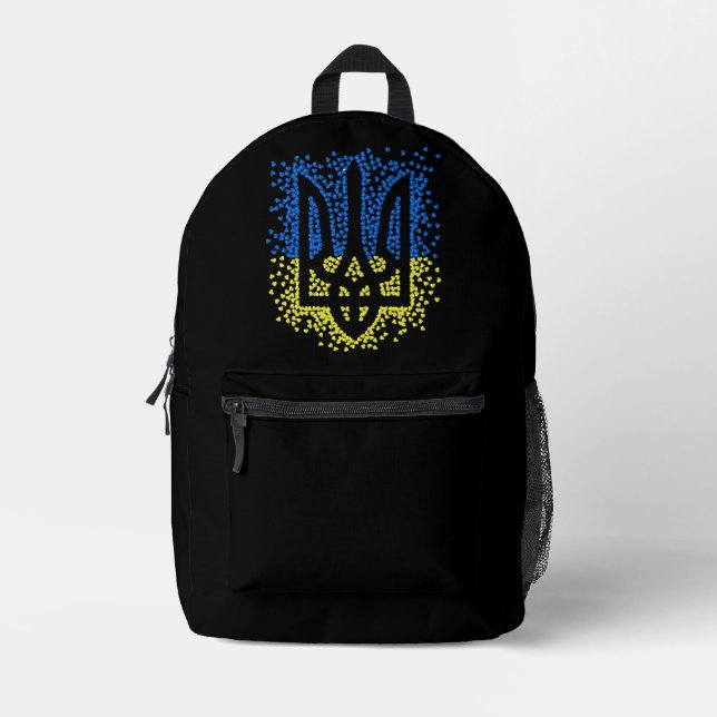 Mochila Impresa Emblema ucraniano trident tryzub esparce corazones (Anverso)