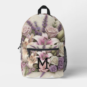 Mochila Impresa Encaje de monograma floral rosas púrpura lirios la